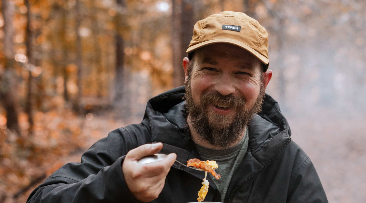 Enjoying Breakfast at camp while wearing extreme cold weather clothing.