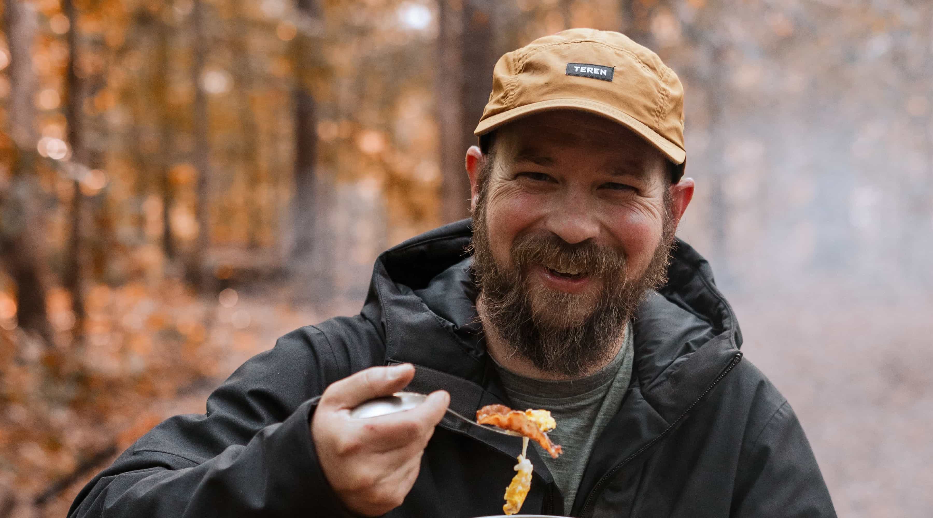 Enjoying Breakfast at camp while wearing extreme cold weather clothing.